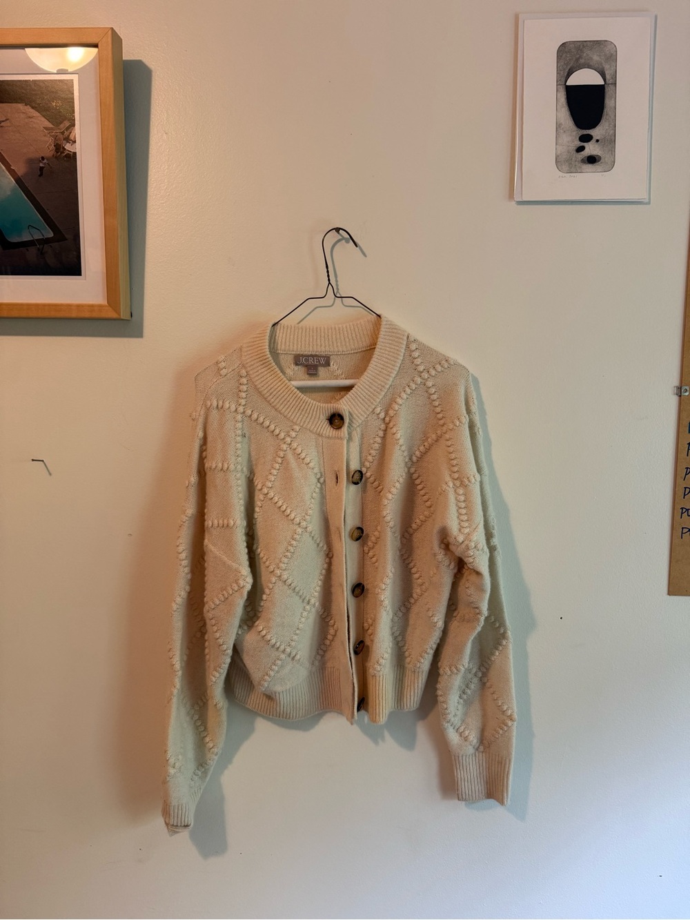 J. Crew Cream Cashmere Textured Diamond Bobble Cardigan
